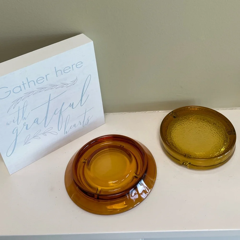 Vintage Ashtrays Beautiful Heavyweight Collectors Set 2 Pc Brown Amber Glass